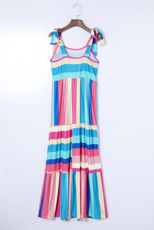 Color Block Striped Bow Knot Straps Maxi Dress